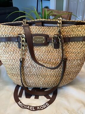 Michael Kors Brown Leather-Trim Woven Tote with Straw Accent